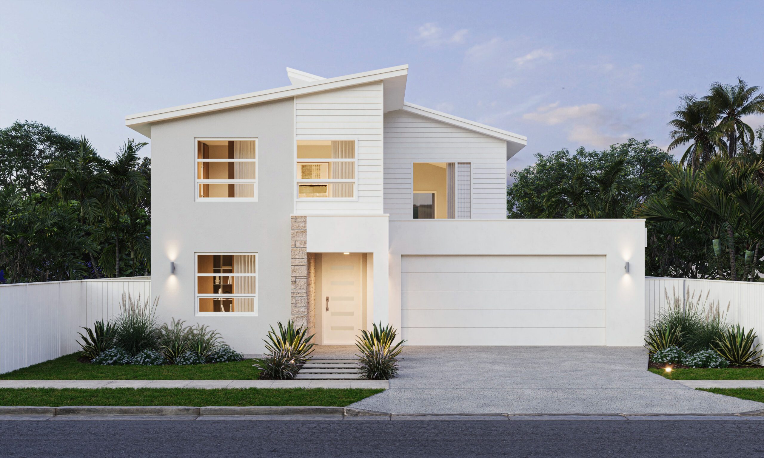Exterior render of the Cormorant, a two-storey white render Magor Builders home with a skillion roof, natural stone entry and double garage.