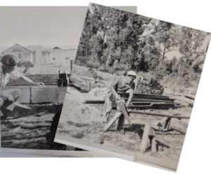 Collage of vintage black-and-white photos of George from the early generations of Magor Builders working on a bush building site.