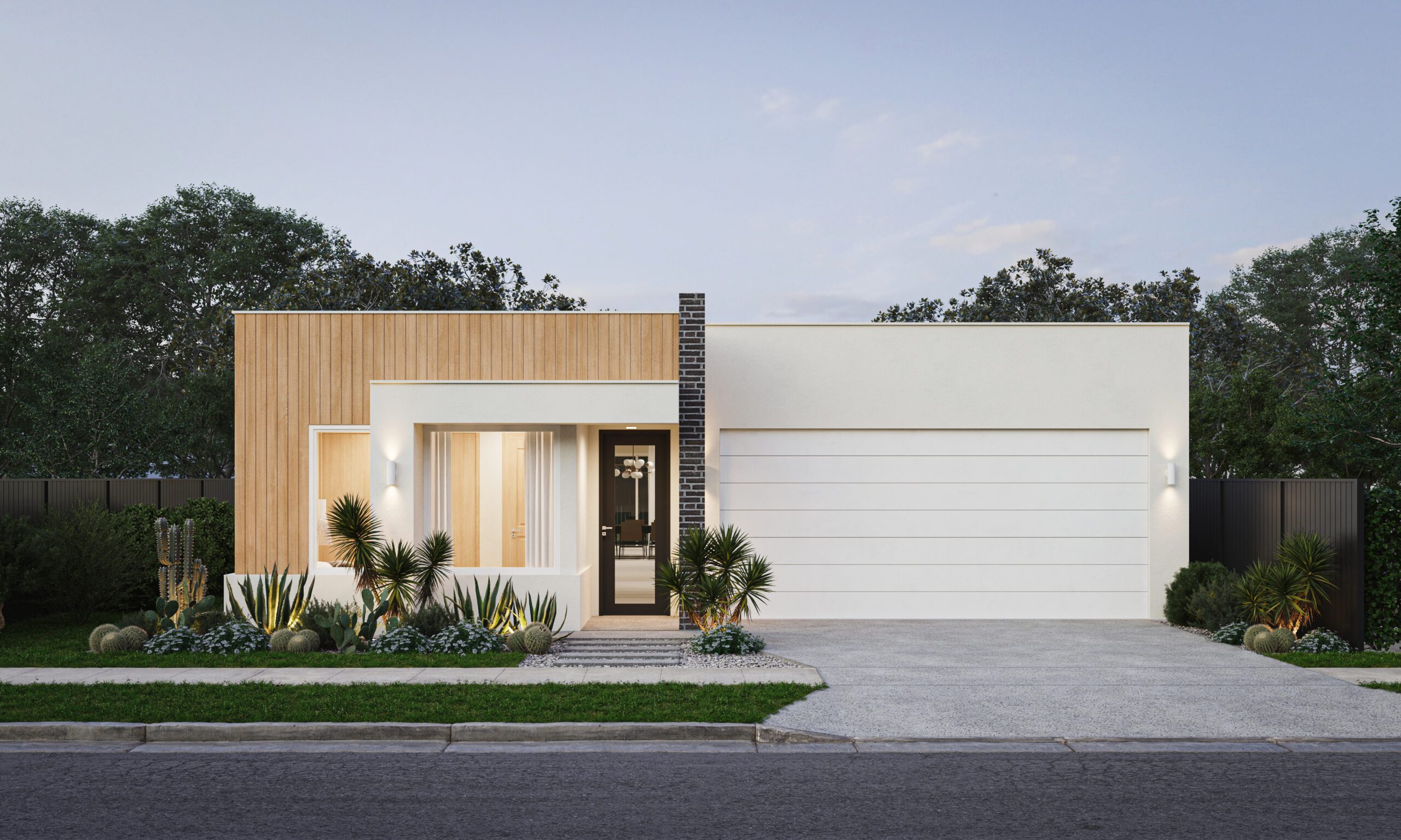 Exterior render of the Fantail, a single-storey Magor Builders home with timber cladding, white render, a parapet roof and double garage.