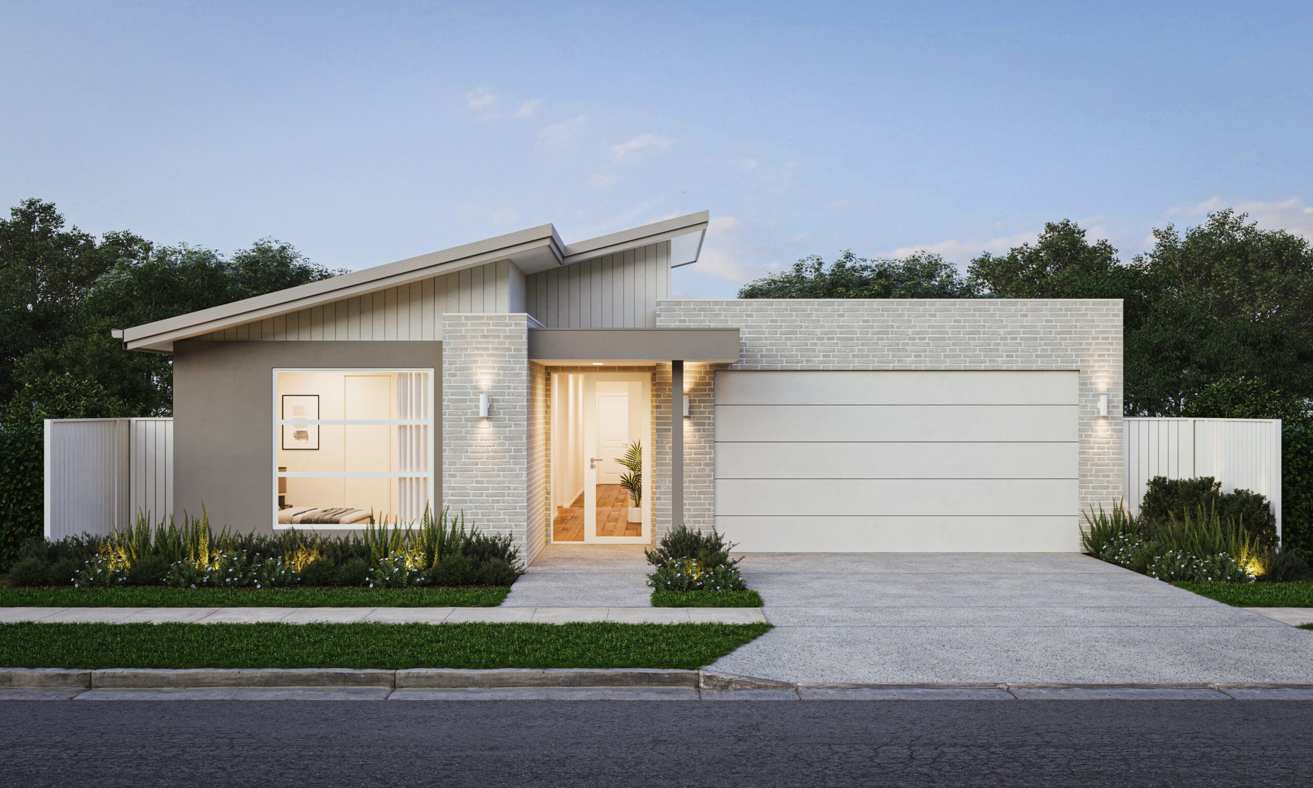 Exterior render of the Grasswren, a single-storey Magor Builders home with grey render, white brick, a skillion roof and double garage.