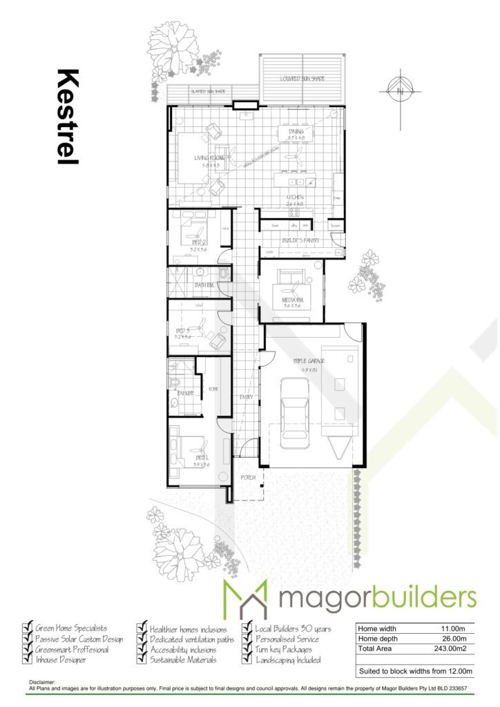 Floor plan brochure for the Kestrel single-storey home by Magor Builders, showing the floor plan, inclusions and dimensions (11.00m wide, 243.00m2).