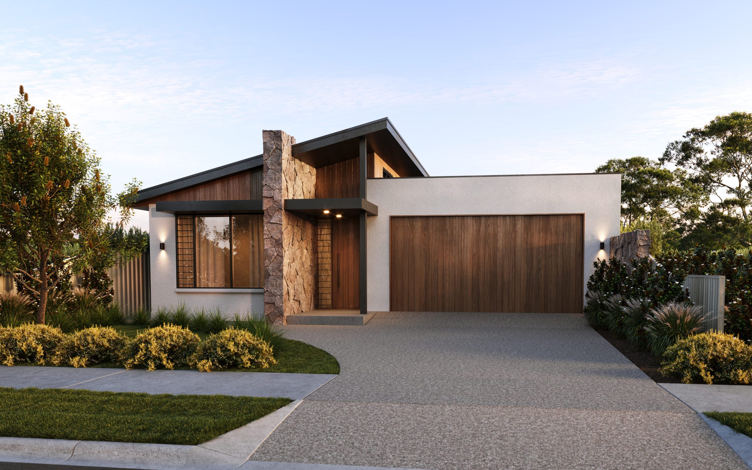 Exterior render of the Kestrel, a single-storey Magor Builders home with a skillion roof, timber cladding, natural stone feature and timber garage door.