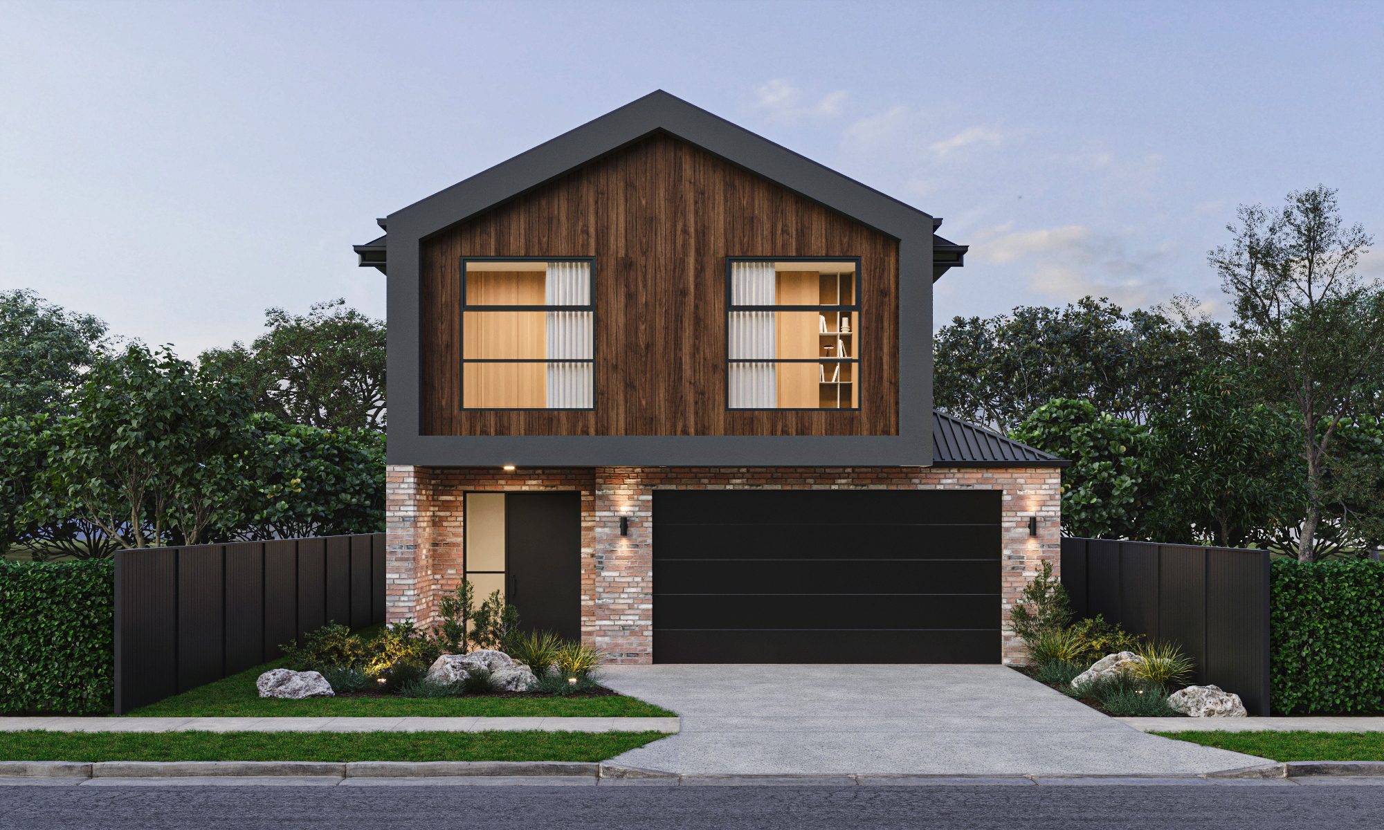 Exterior render of the Lorikeet, a double-storey Magor Builders home with a timber-clad gable upper level, recycled brick lower level and double garage.