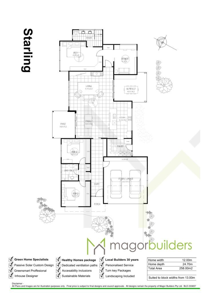 Floor plan brochure for the Starling single-storey home by Magor Builders, showing the floor plan, inclusions and dimensions (12.00m wide, 258.00m2).