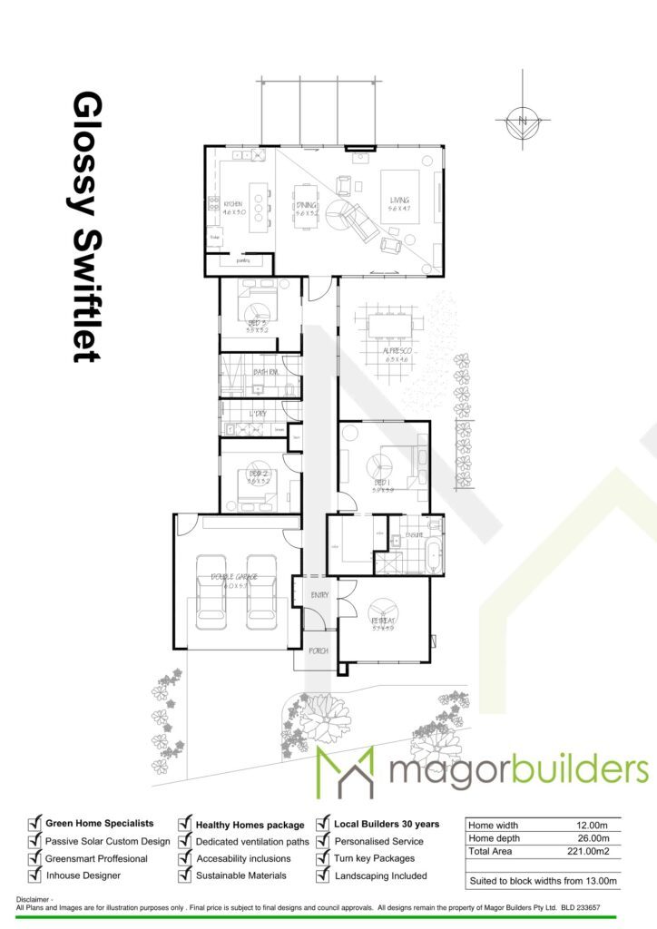 Floor plan brochure for the Glossy Swiftlet single-storey home by Magor Builders, showing the floor plan, inclusions and dimensions (12.00m wide, 221.00m2).