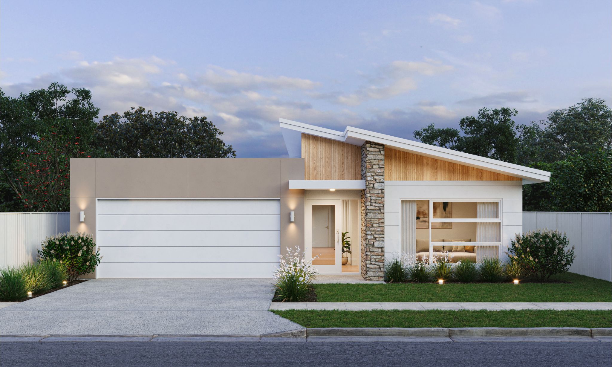 Exterior render of a single-storey Magor Builders home with a skillion roof, timber batten and natural stone feature entry, white render and double garage.