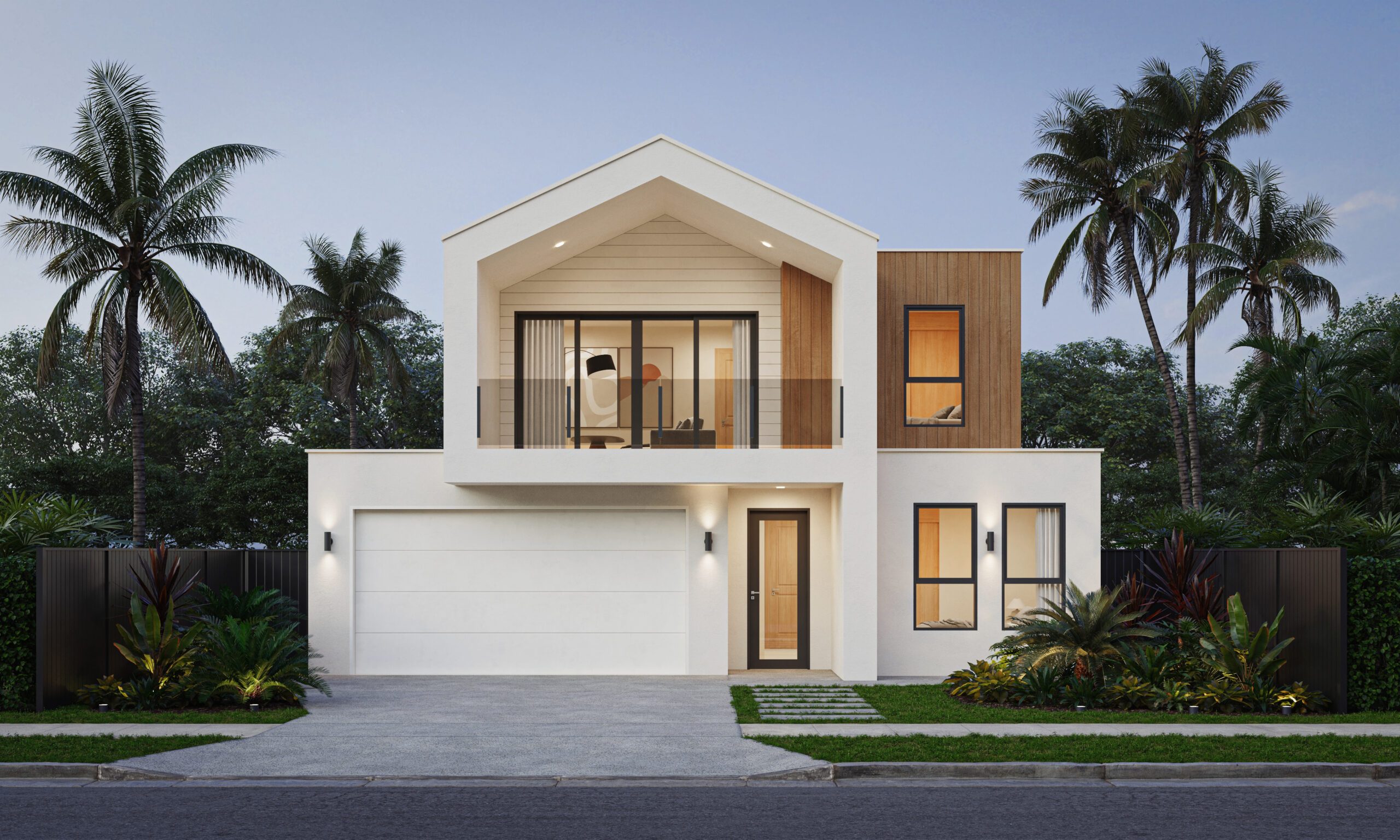 Exterior render of the Waratah, a double-storey Magor Builders home with white render, timber cladding, a gabled upper level, balcony and double garage.