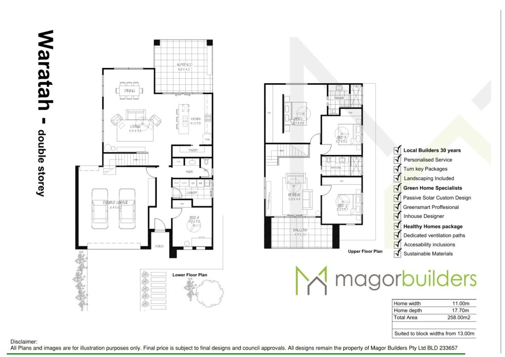 Floor plan brochure for the Waratah double-storey home by Magor Builders, showing lower and upper floor plans, inclusions and dimensions (11.00m wide, 258.00m2).
