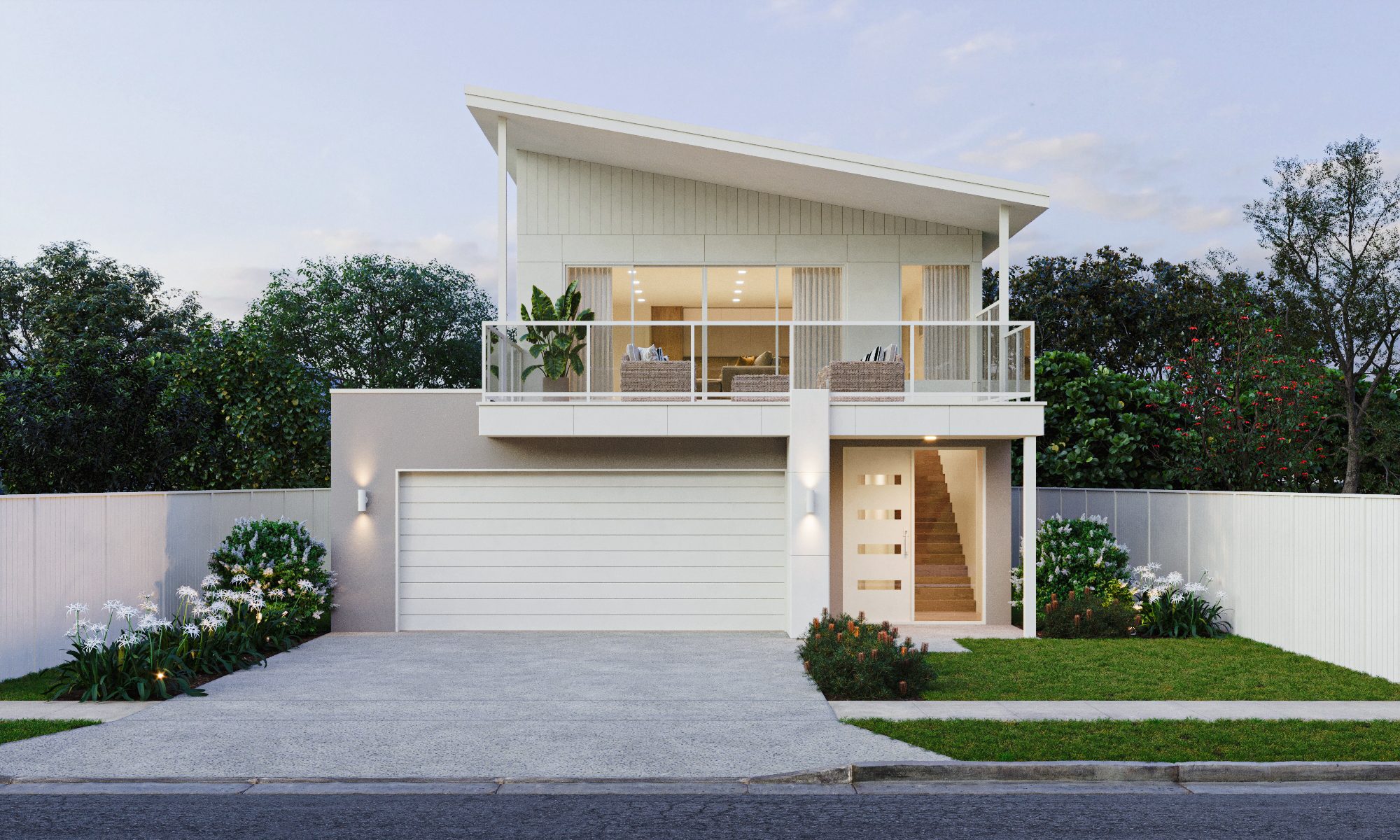 Exterior render of the Albatross, a double-storey Magor Builders home with white weatherboard and render, a skillion roof, upper-level balcony and double garage.