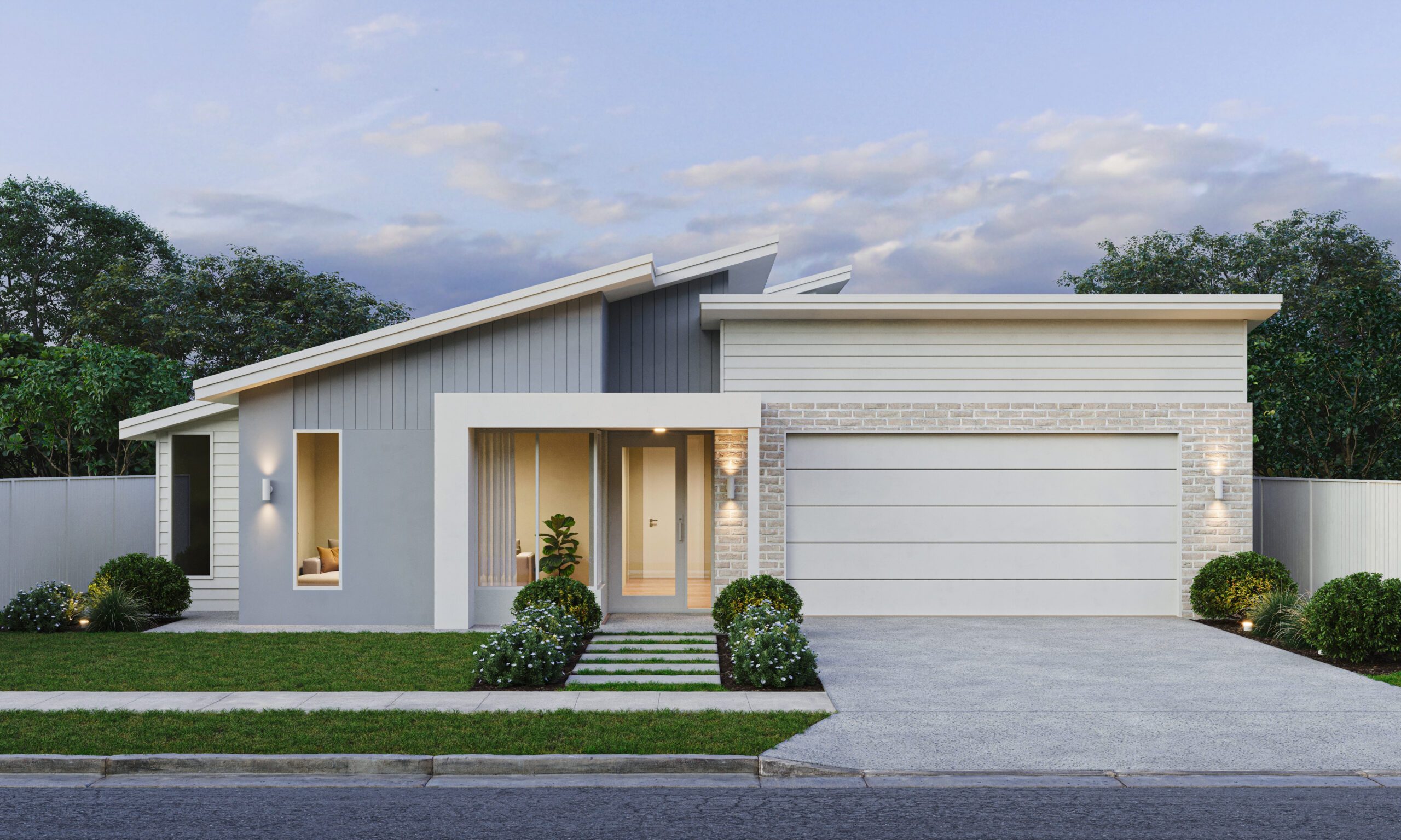 Exterior render of the Cassowary, a single-storey Magor Builders home with a skillion roof, grey weatherboard, white brick and double garage.