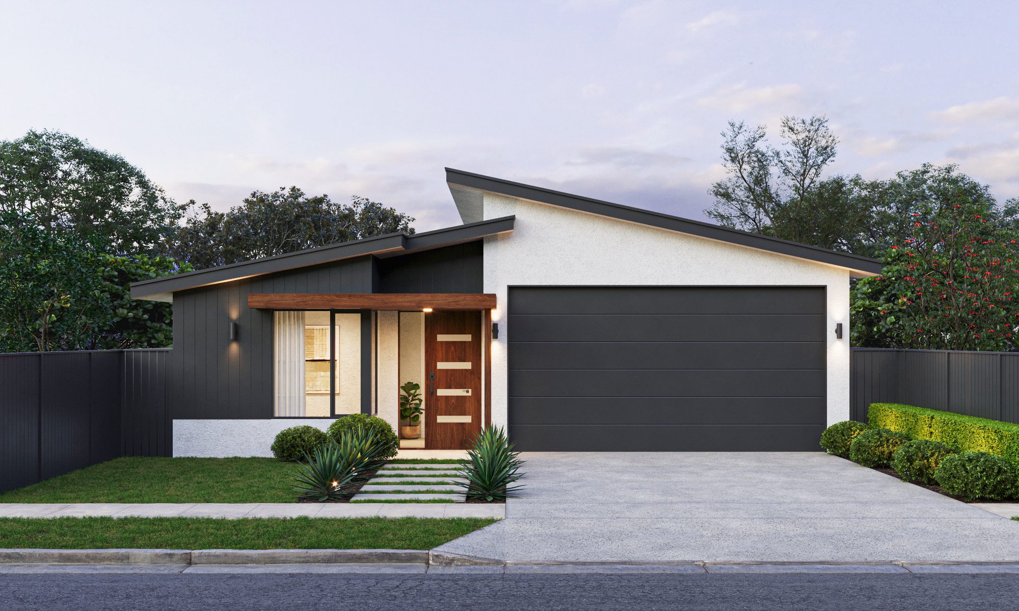 Exterior render of the Honey Eater, a single-storey Magor Builders home with charcoal cladding, a skillion roof, timber entry and double garage.