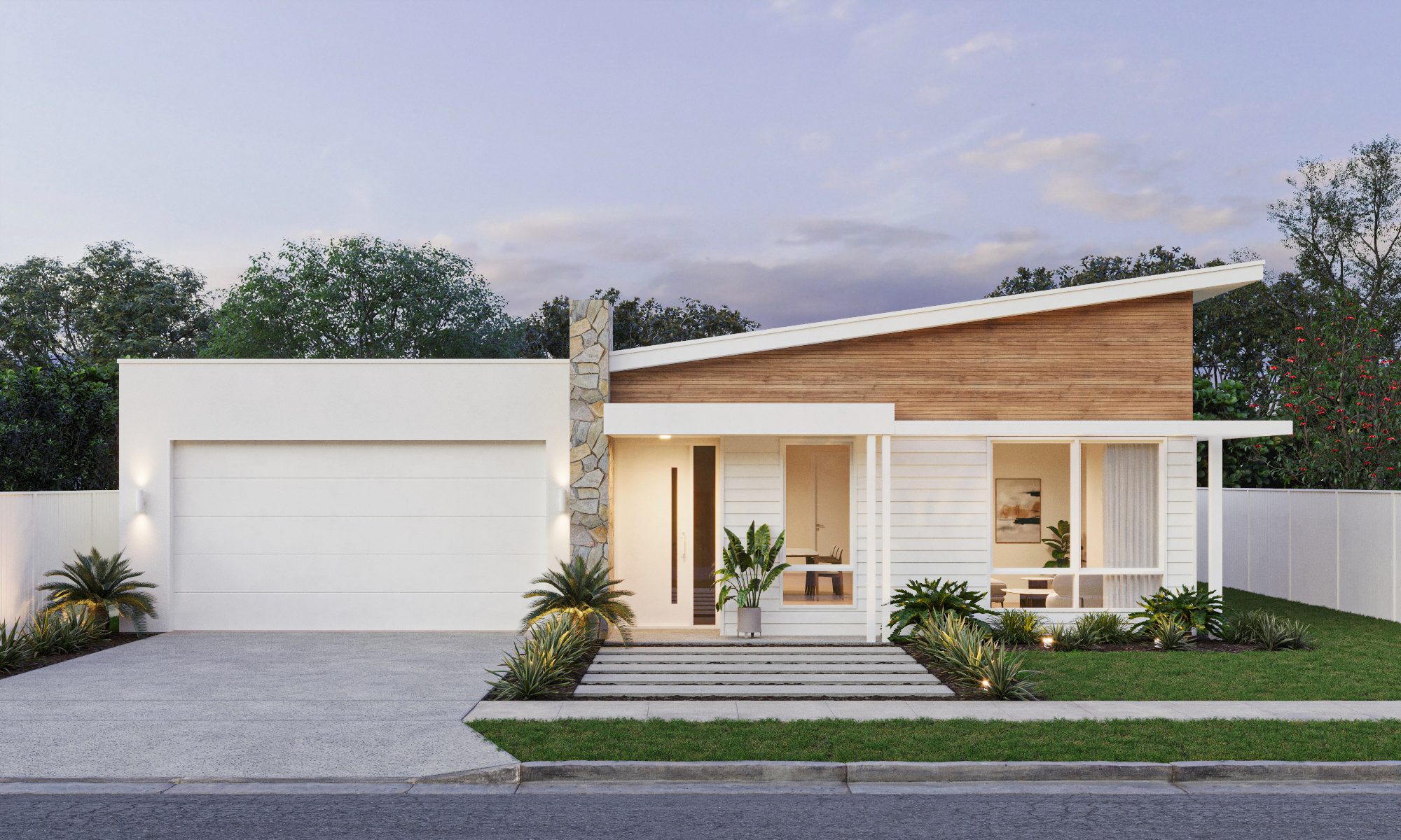 Exterior render of the Sandplover, a single-storey Magor Builders home with white weatherboard, timber and natural stone feature, skillion roof and double garage.